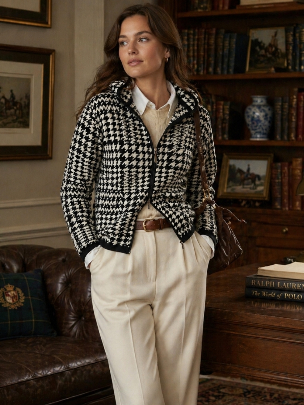 Chicos SILK Cotton Black & White Houndstooth Knit Zip Cardigan Hoodie L XL